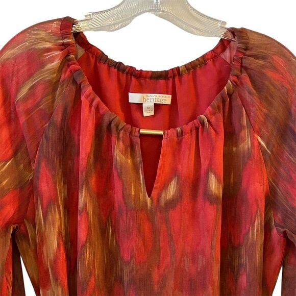 Banana Republic Women's Size 12 Red Ikat Long Sleeve Chiffon Dress - Picture 6 of 14